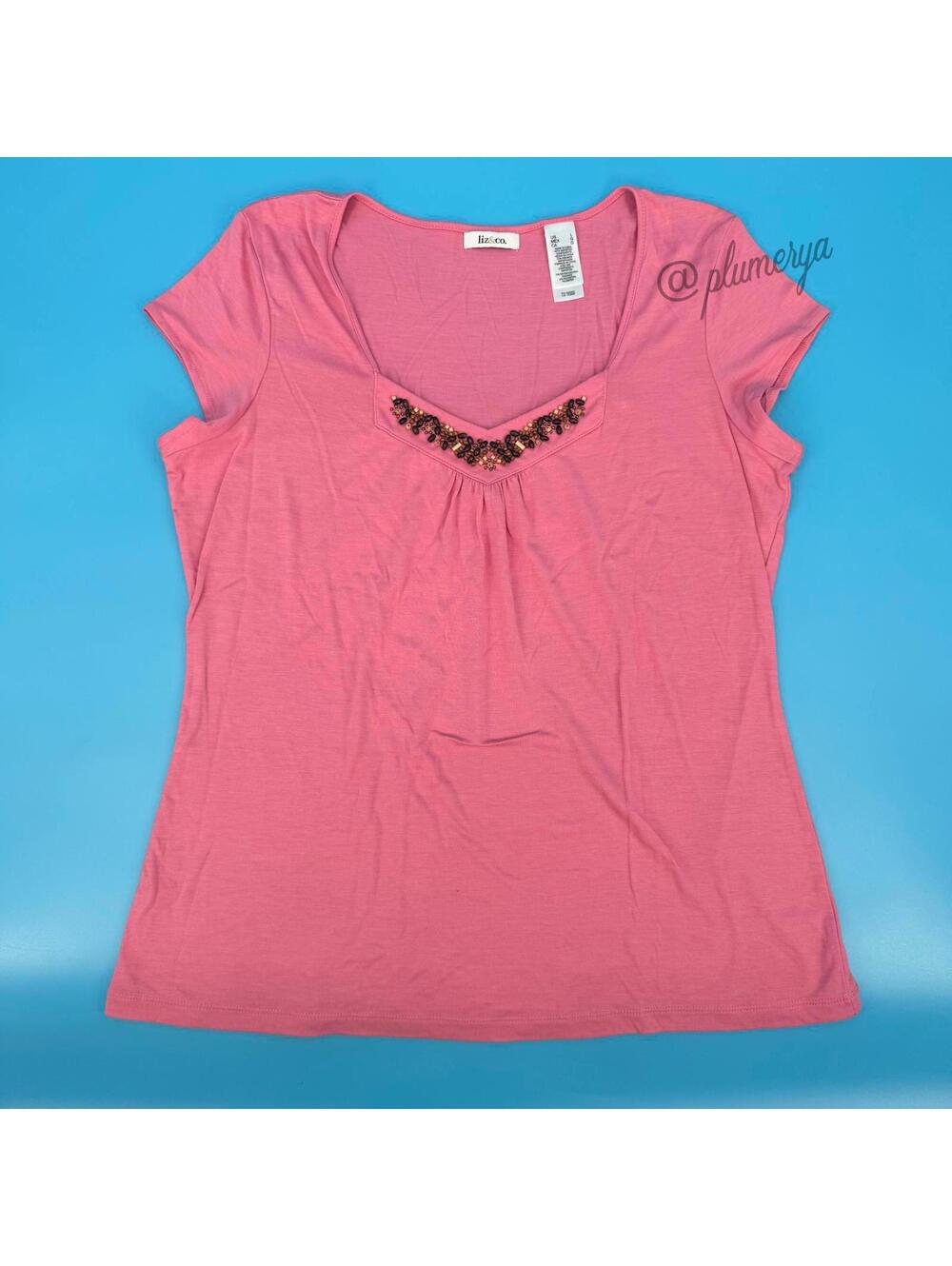 Liz & Co. Flowy Y2K Beaded Coral Summer Top Blouse Women's Size L